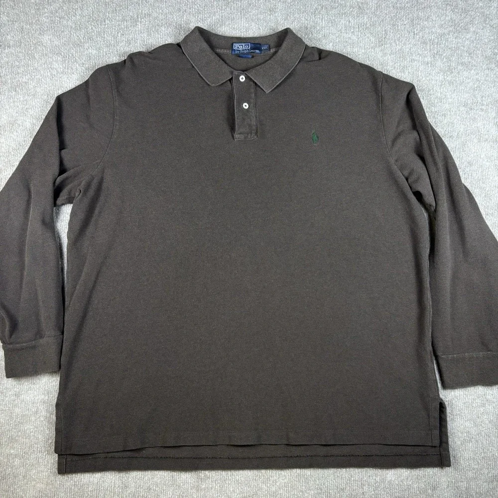 Polo Ralph Lauren Mens XXL Brown Long Sleeve Polo Shirt Green Pony Cotton